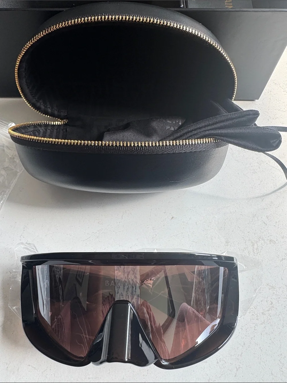 Balmain Black Sunglasses Case with Gold Zipper and Branded Box